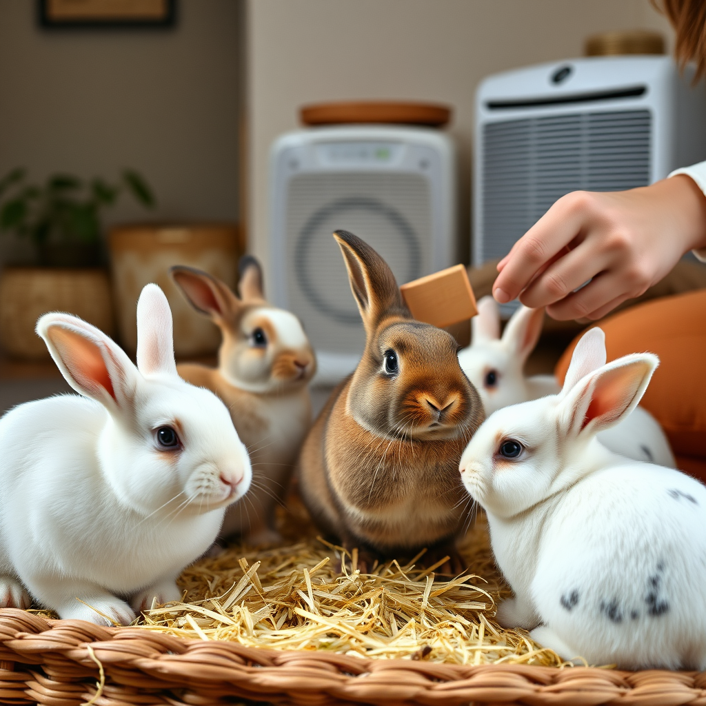 "A cozy, clean UK indoor living space featuring hypoallergenic rabbit breeds including Rex Rabbit, Mini Rex, Netherland Dwarf, Polish Rabbit, and Himalayan Rabbit. Rabbits are calm and well-groomed on low-dust bedding with fresh hay. A pet owner is gently brushing a Mini Rex with a soft brush while a HEPA air purifier runs in the background. The scene emphasizes allergy-friendly practices: tidy environment, natural light, and pet hygiene. Style: realistic, high-resolution, warm, welcoming, suitable for a UK pet care blog focused on allergy-sensitive households."